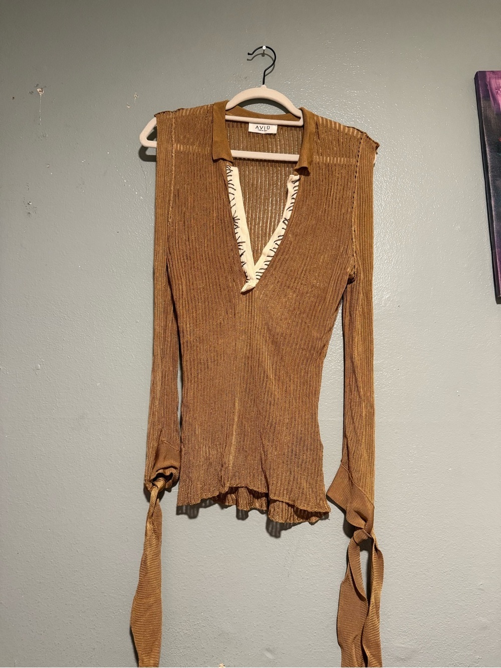 Aviu open sleeve  Knit Top in Camel with Tie Details size 46 - Picture 2 of 5